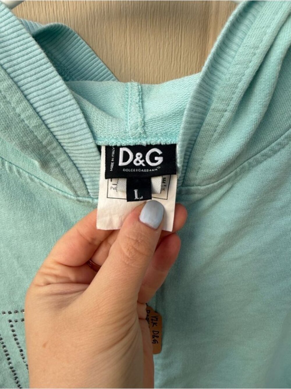 D&G Y2K Light Aqua Blue Embellished Cotton Rare Zip-Up Hoodie - Picture 4 of 10